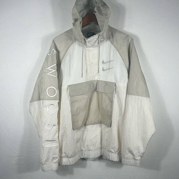 🔥 Men's NIKE ANORAK Double SWOOSH Nylon Mesh Lined Pullover Jacket Autumn White - Picture 1 of 14